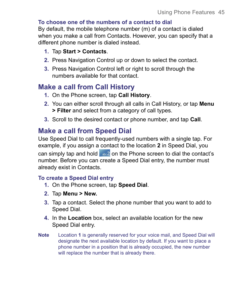 Make a call from call history, Make a call from speed dial | HTC 8500 User Manual | Page 45 / 212
