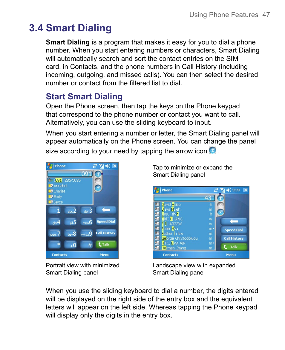 4 smart dialing, Start smart dialing | HTC 8500 User Manual | Page 47 / 212