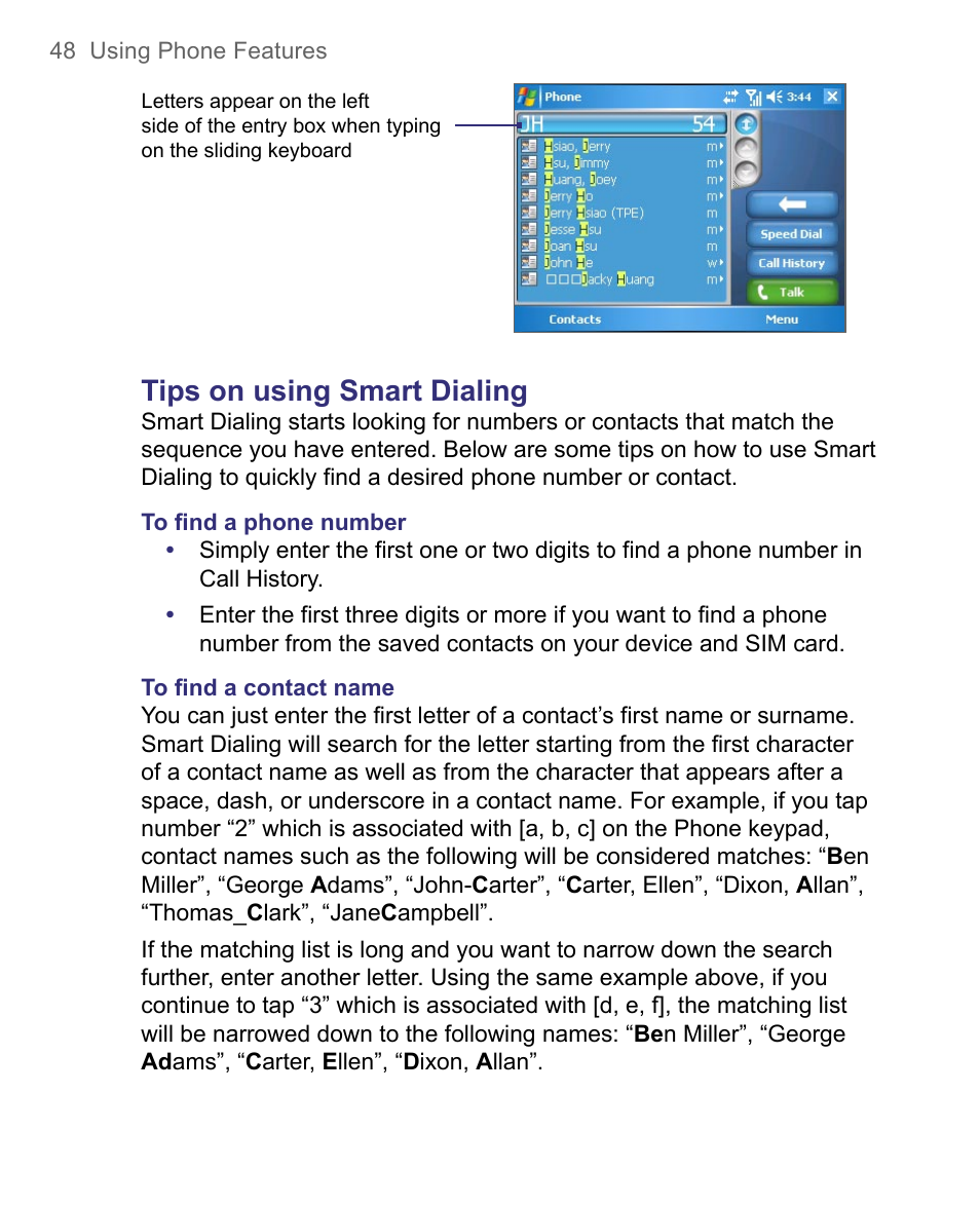 Tips on using smart dialing | HTC 8500 User Manual | Page 48 / 212