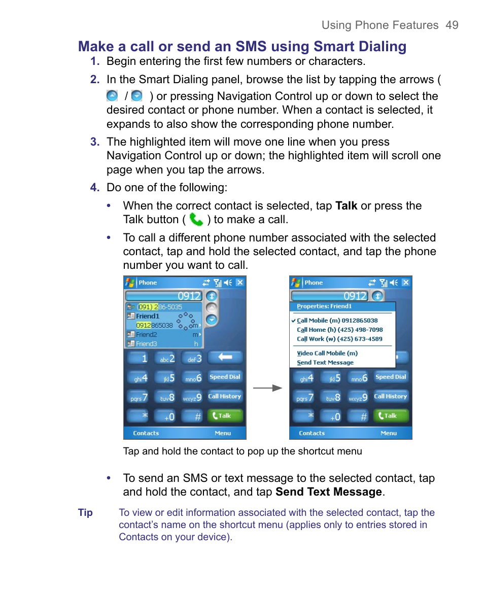 Make a call or send an sms using smart dialing | HTC 8500 User Manual | Page 49 / 212