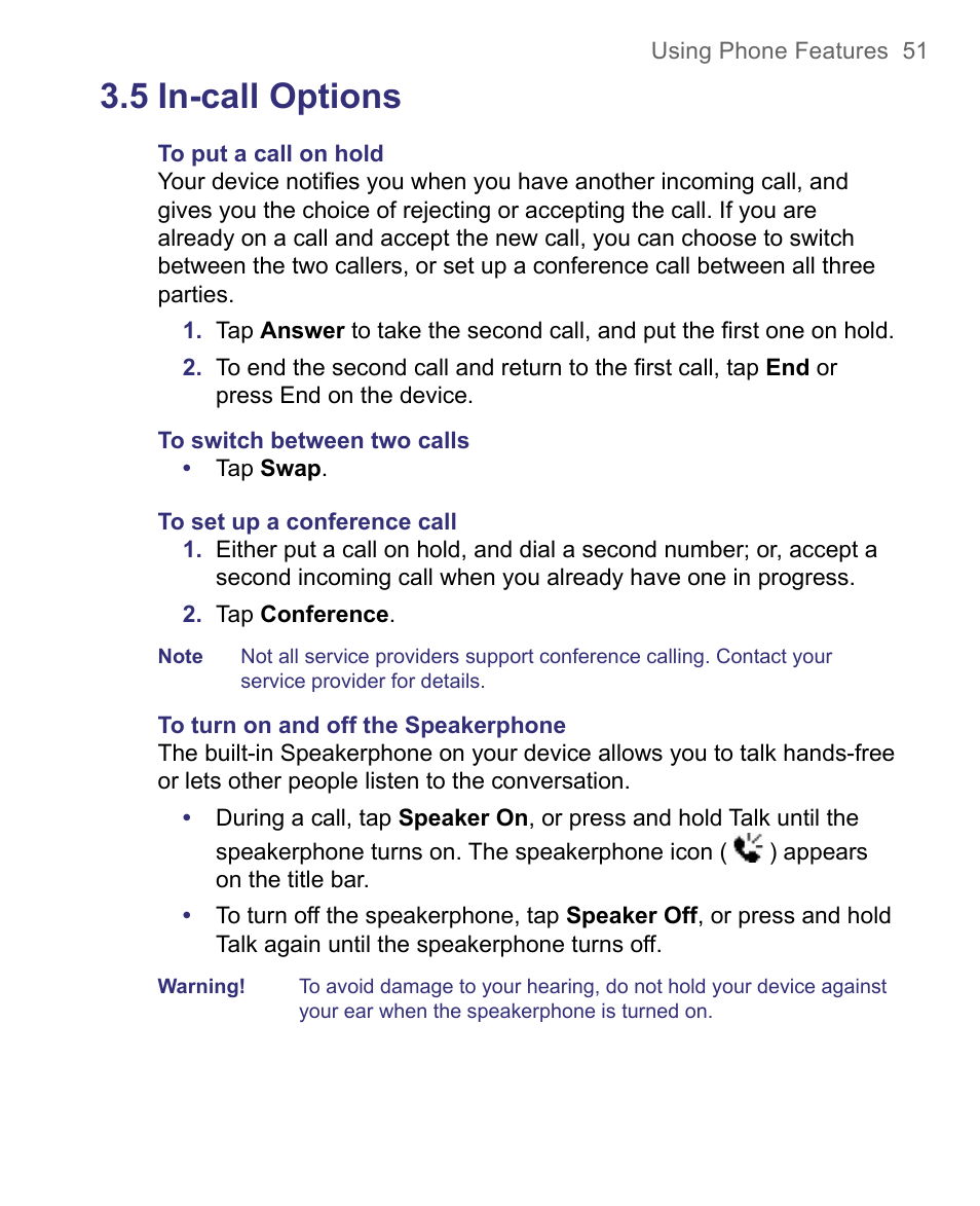 5 in-call options | HTC 8500 User Manual | Page 51 / 212