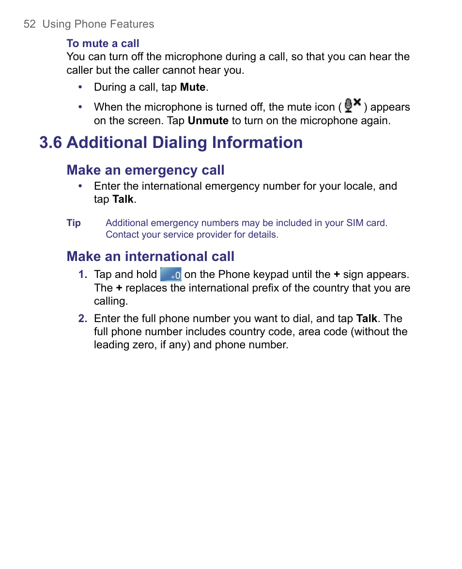 6 additional dialing information, Make an emergency call, Make an international call | HTC 8500 User Manual | Page 52 / 212