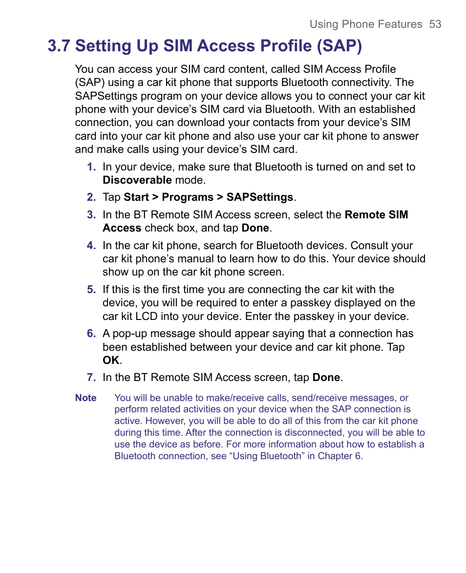 7 setting up sim access profile (sap) | HTC 8500 User Manual | Page 53 / 212