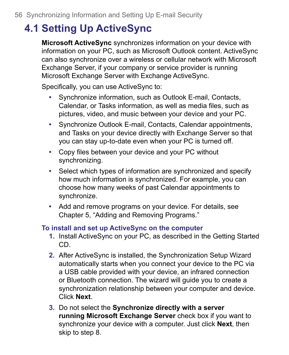 1 setting up activesync | HTC 8500 User Manual | Page 56 / 212