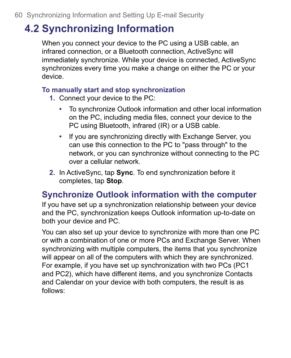 2 synchronizing information, Synchronize outlook information with the computer | HTC 8500 User Manual | Page 60 / 212