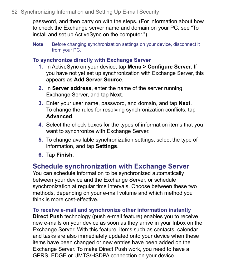 Schedule synchronization with exchange server | HTC 8500 User Manual | Page 62 / 212