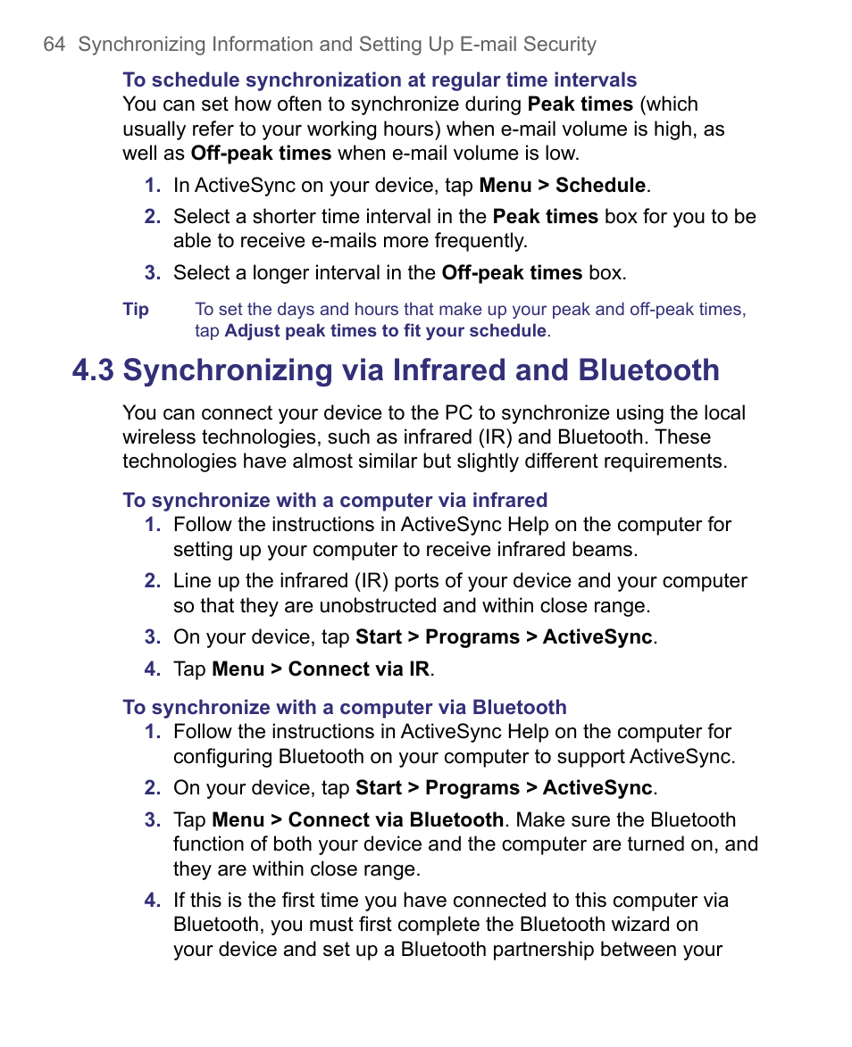 3 synchronizing via infrared and bluetooth | HTC 8500 User Manual | Page 64 / 212