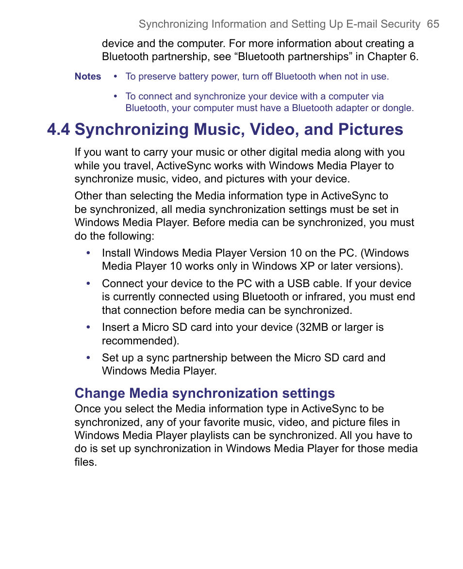 4 synchronizing music, video, and pictures, Change media synchronization settings | HTC 8500 User Manual | Page 65 / 212
