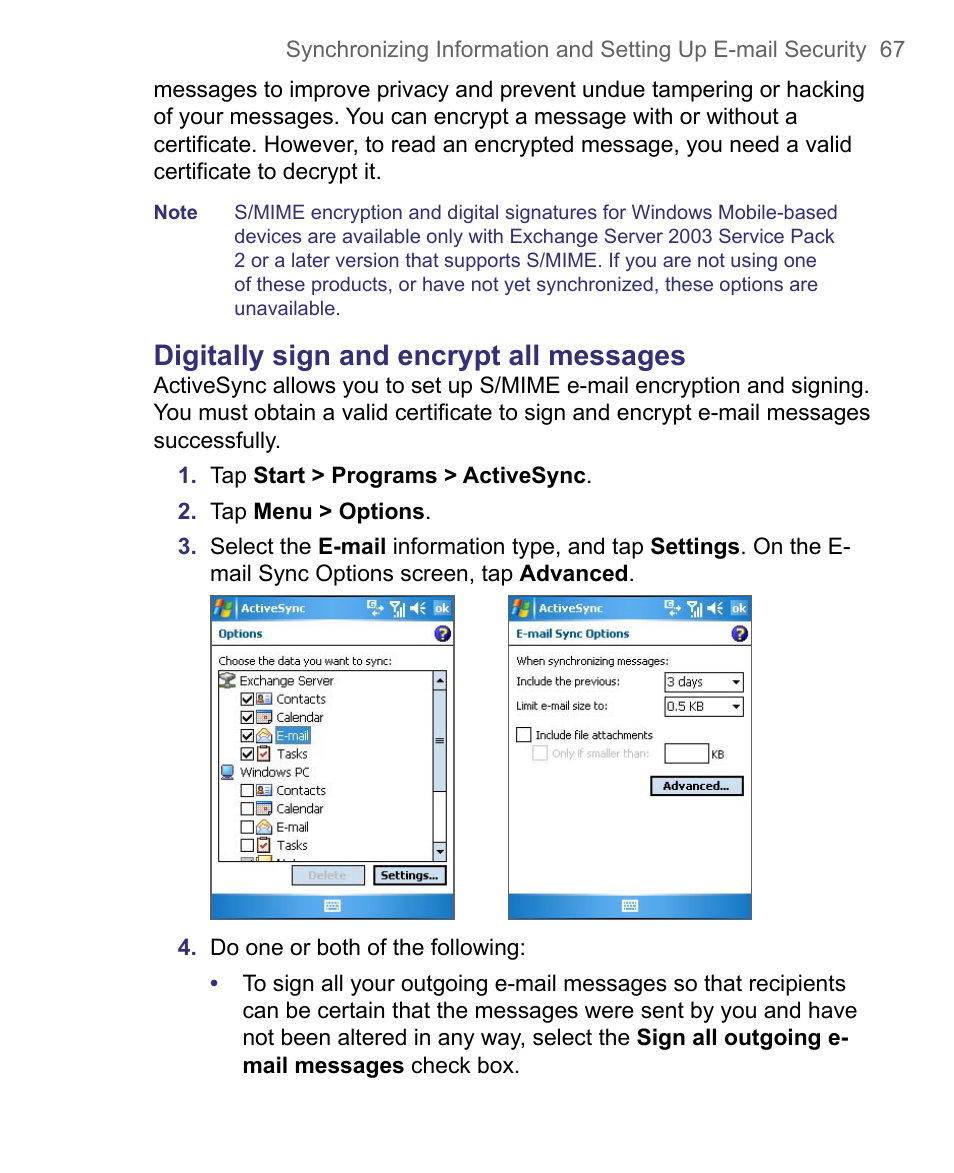 Digitally sign and encrypt all messages | HTC 8500 User Manual | Page 67 / 212