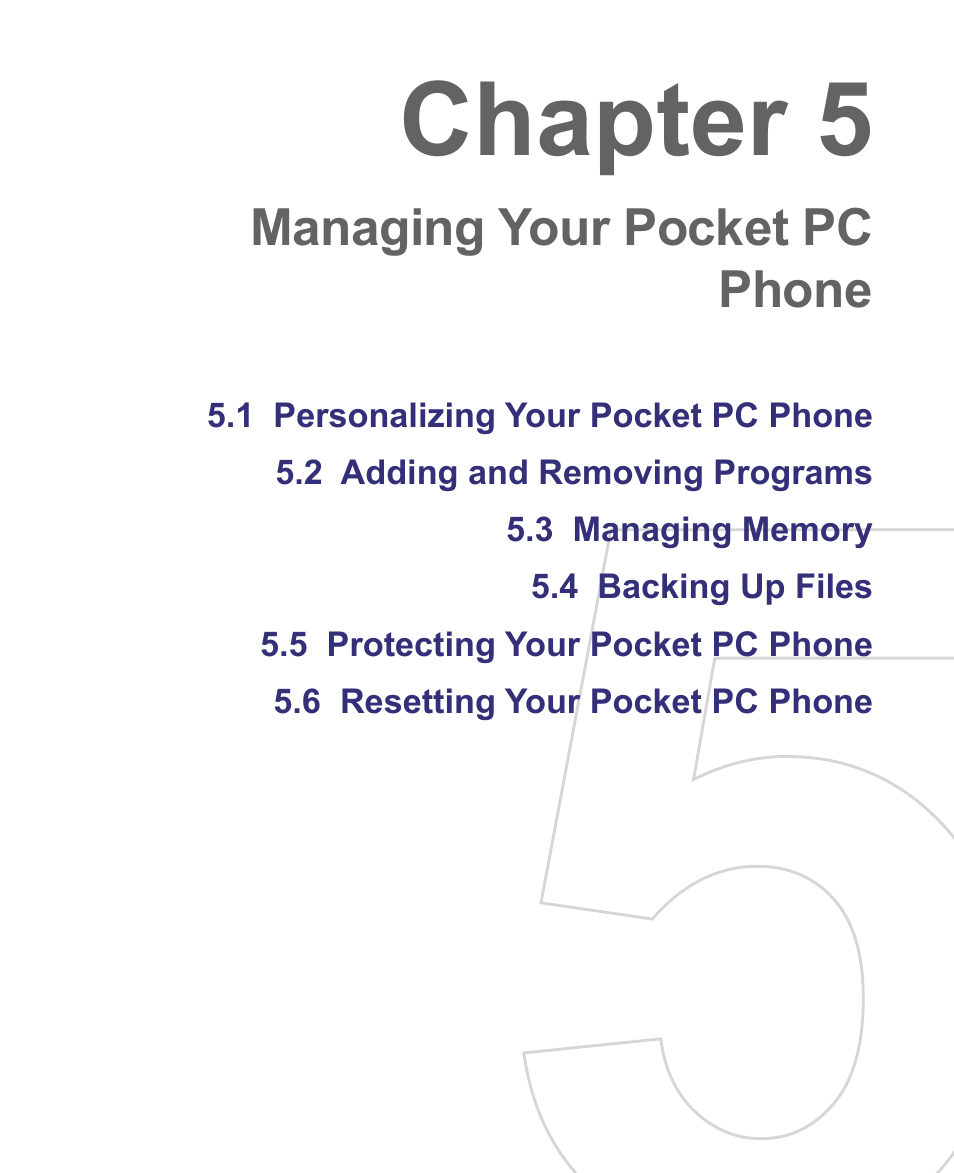 Chapter 5, Managing your pocket pc phone | HTC 8500 User Manual | Page 69 / 212