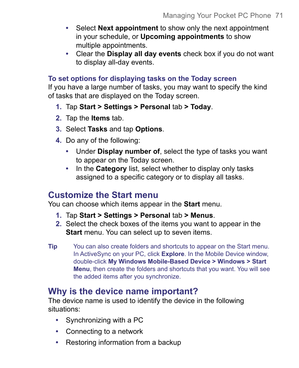 Customize the start menu, Why is the device name important | HTC 8500 User Manual | Page 71 / 212