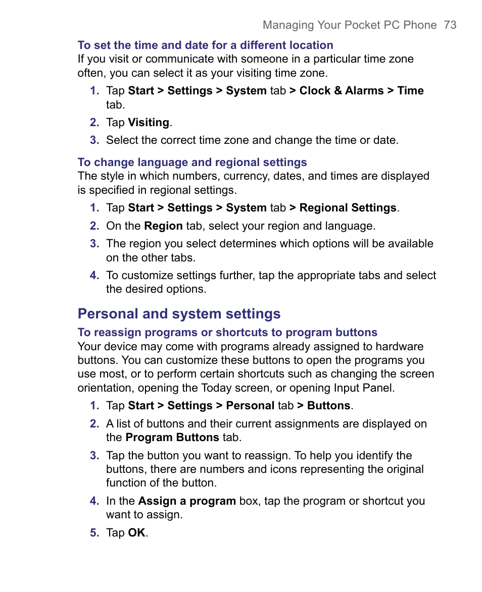 Personal and system settings | HTC 8500 User Manual | Page 73 / 212