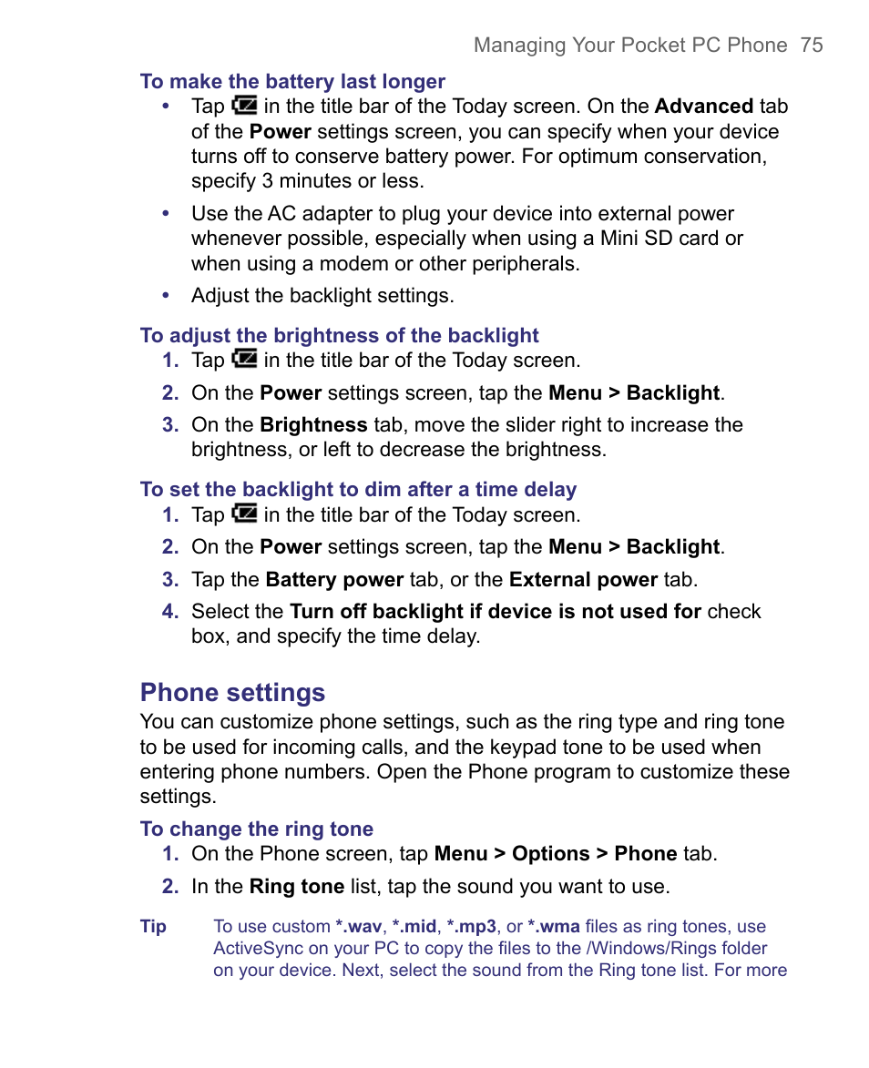 Phone settings | HTC 8500 User Manual | Page 75 / 212