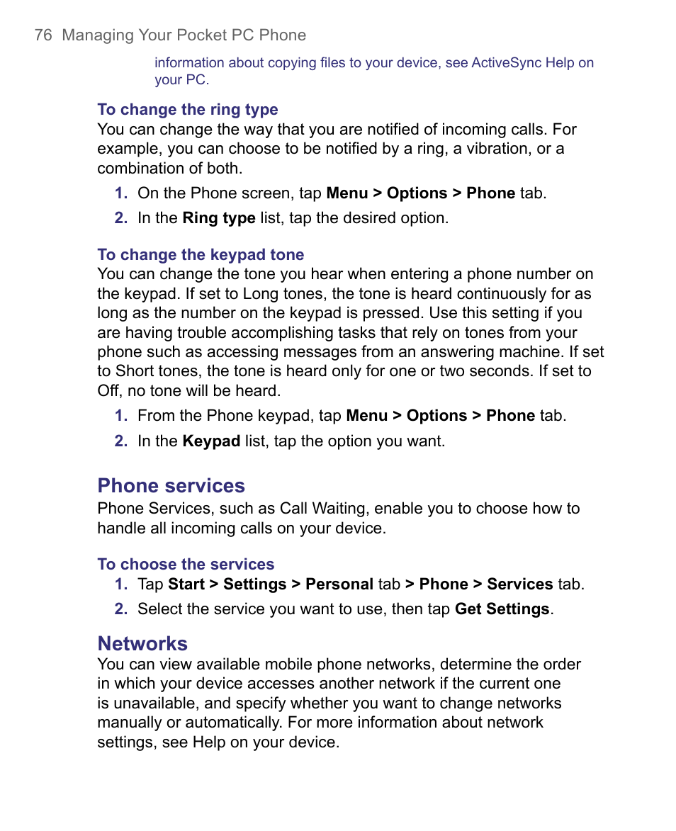 Phone services, Networks | HTC 8500 User Manual | Page 76 / 212