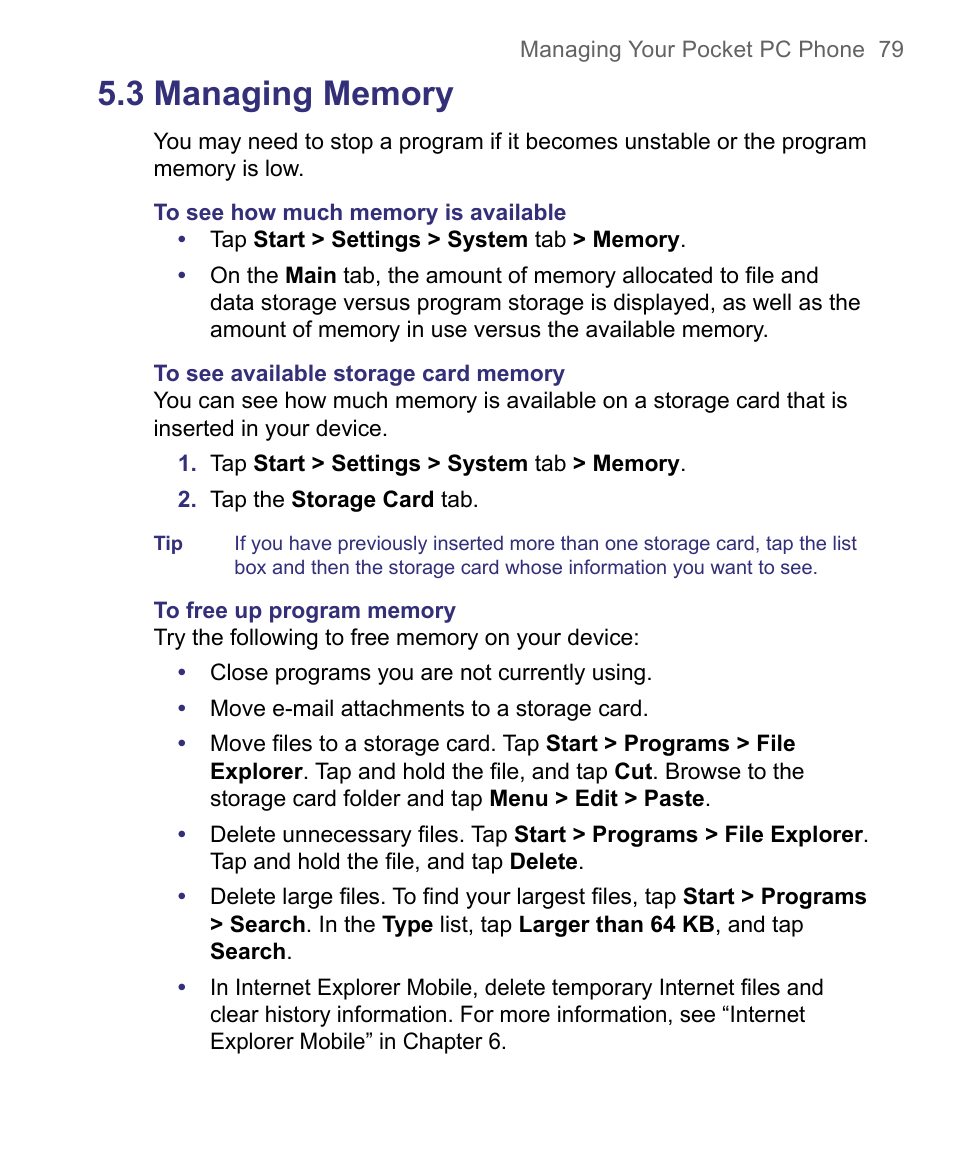 3 managing memory | HTC 8500 User Manual | Page 79 / 212