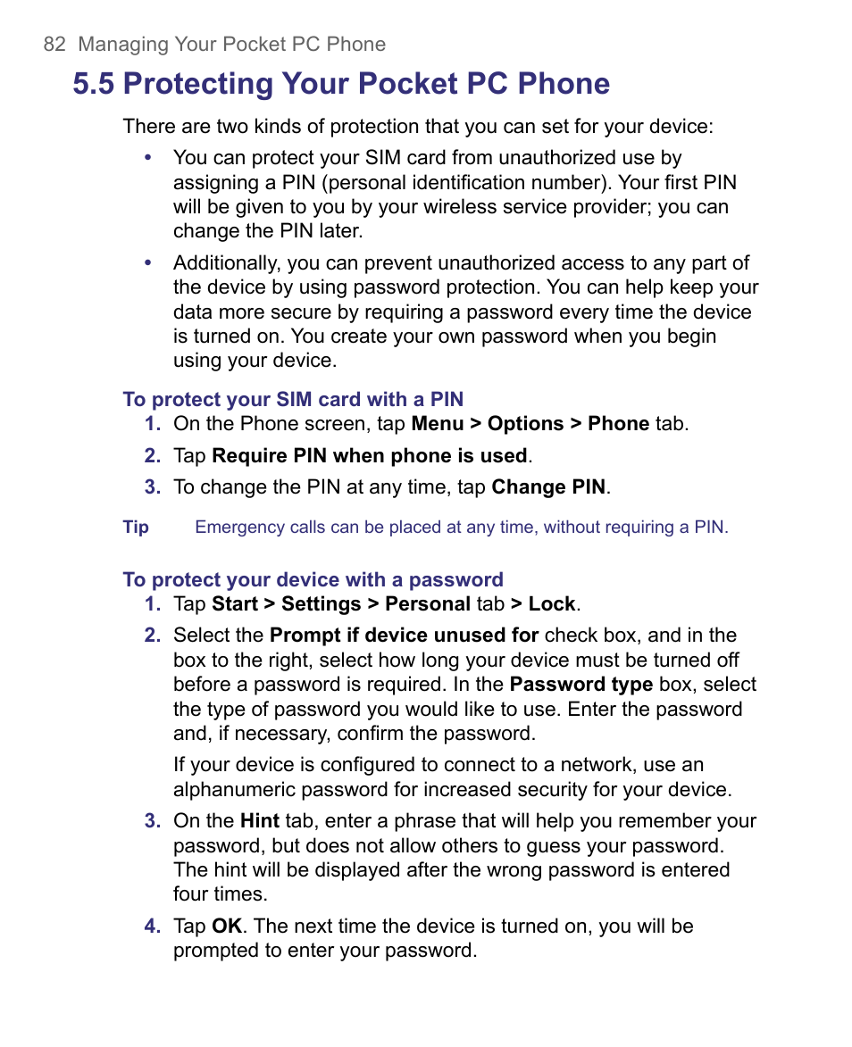 5 protecting your pocket pc phone | HTC 8500 User Manual | Page 82 / 212