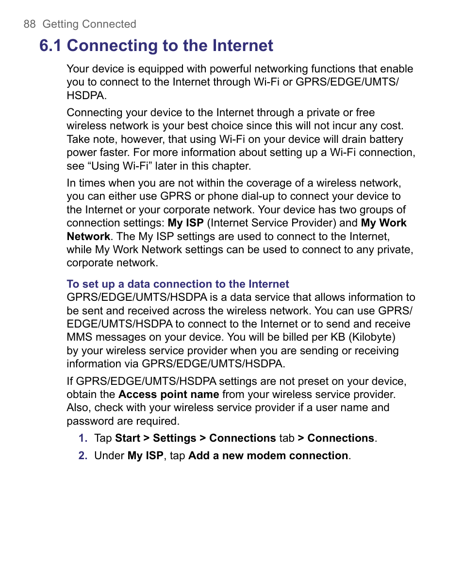 1 connecting to the internet | HTC 8500 User Manual | Page 88 / 212