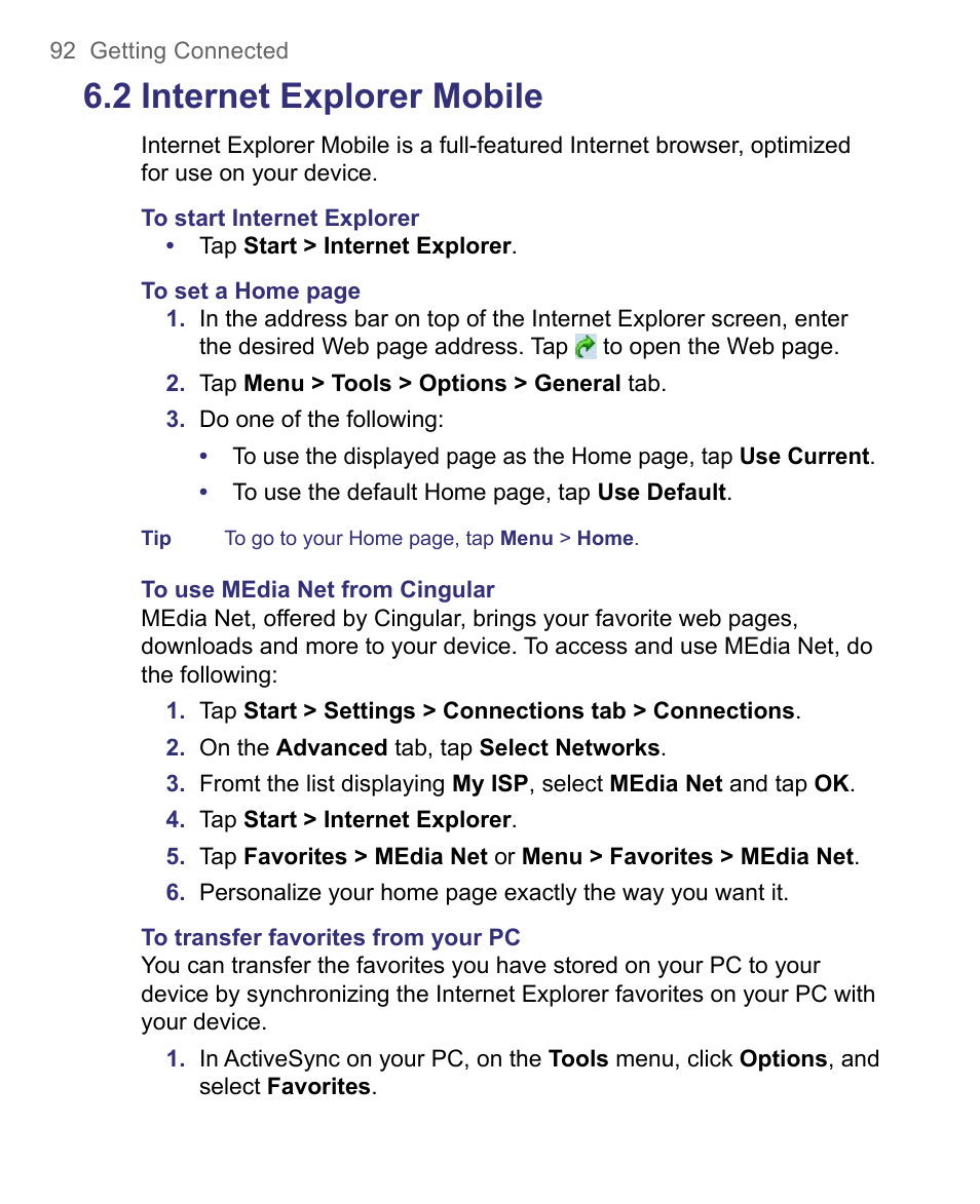 2 internet explorer mobile | HTC 8500 User Manual | Page 92 / 212