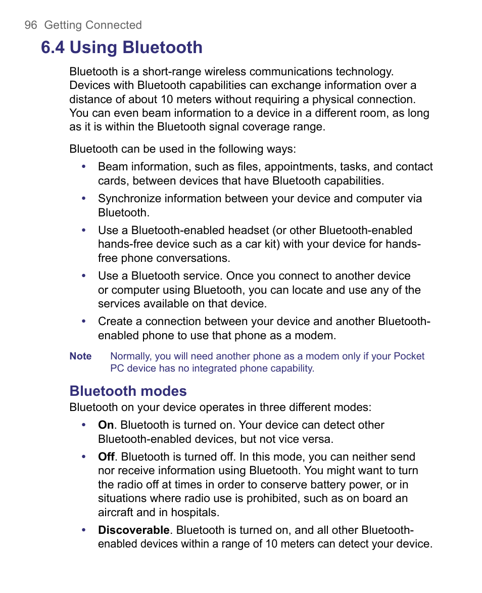 4 using bluetooth, Bluetooth modes | HTC 8500 User Manual | Page 96 / 212