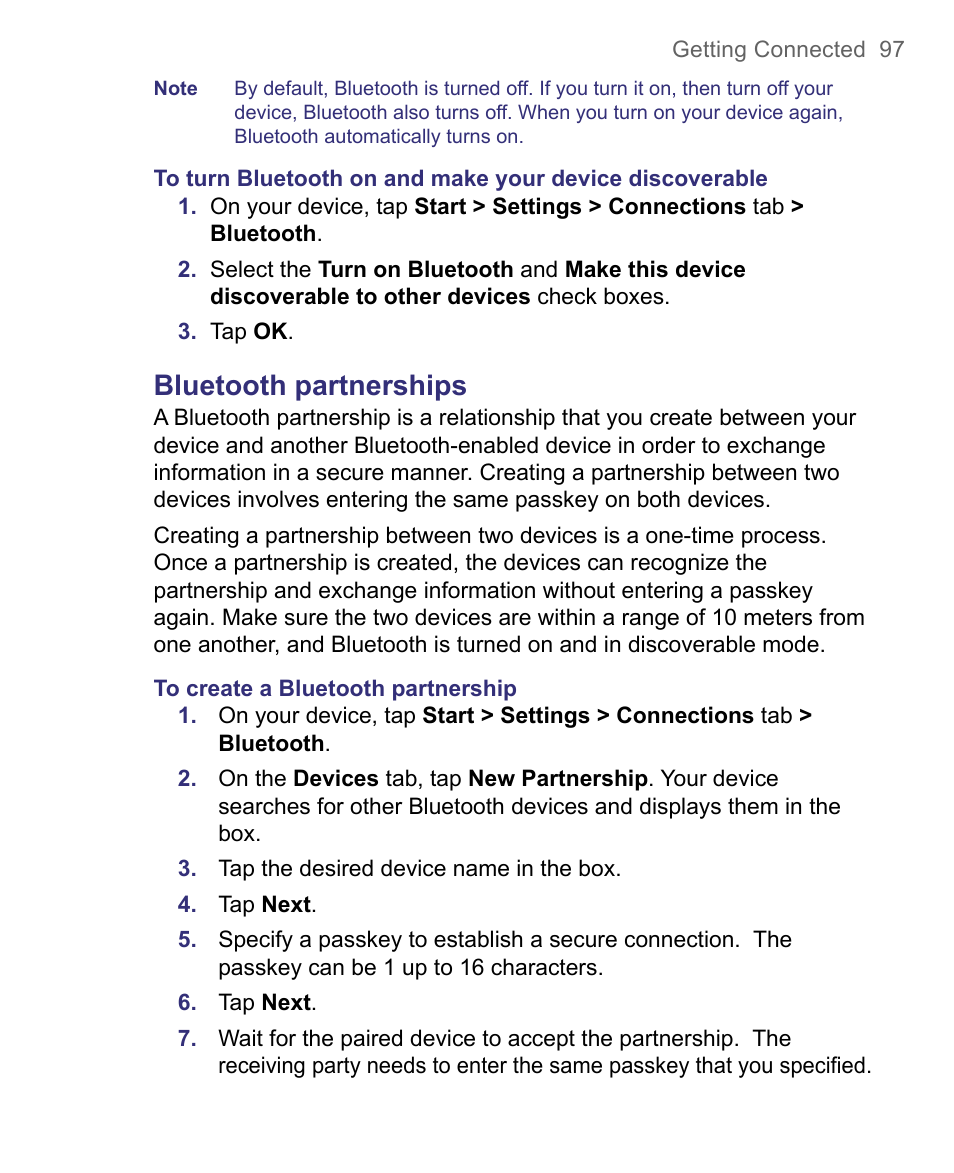 Bluetooth partnerships | HTC 8500 User Manual | Page 97 / 212