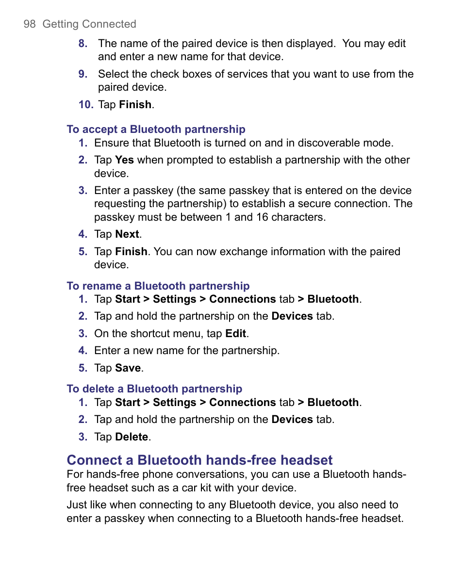 Connect a bluetooth hands-free headset | HTC 8500 User Manual | Page 98 / 212