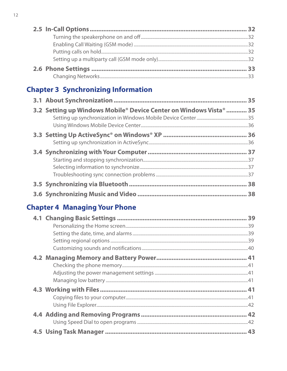 Chapter 3 synchronizing information, Chapter 4 managing your phone | HTC Ozone CEDA100 User Manual | Page 12 / 102