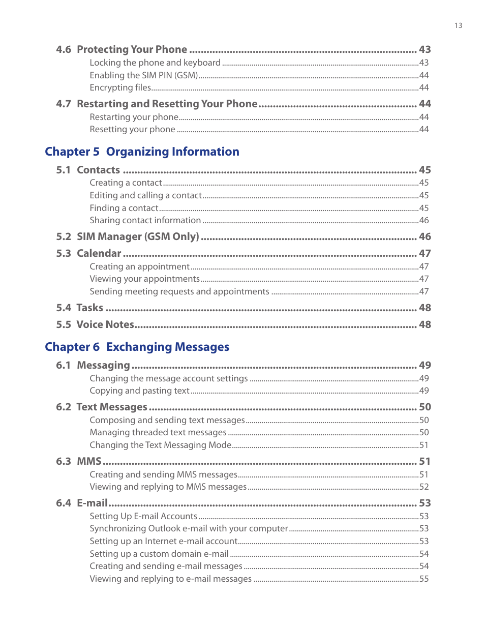 Chapter 5 organizing information, Chapter 6 exchanging messages | HTC Ozone CEDA100 User Manual | Page 13 / 102
