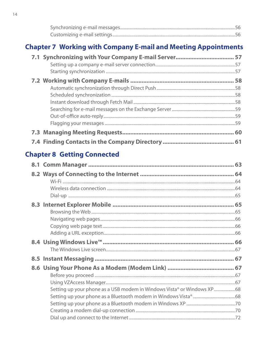 Chapter 8 getting connected | HTC Ozone CEDA100 User Manual | Page 14 / 102