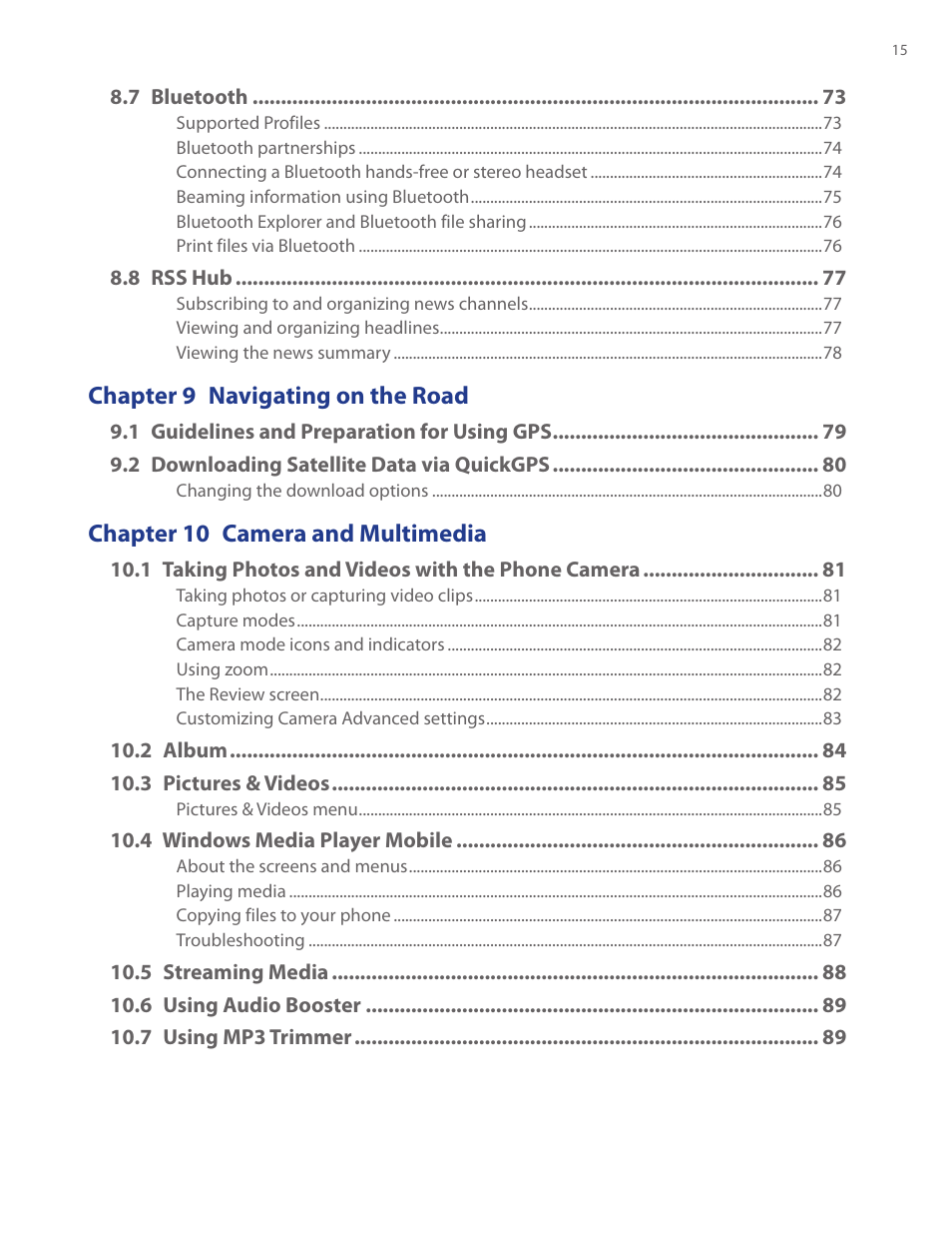 Chapter 9 navigating on the road, Chapter 10 camera and multimedia | HTC Ozone CEDA100 User Manual | Page 15 / 102