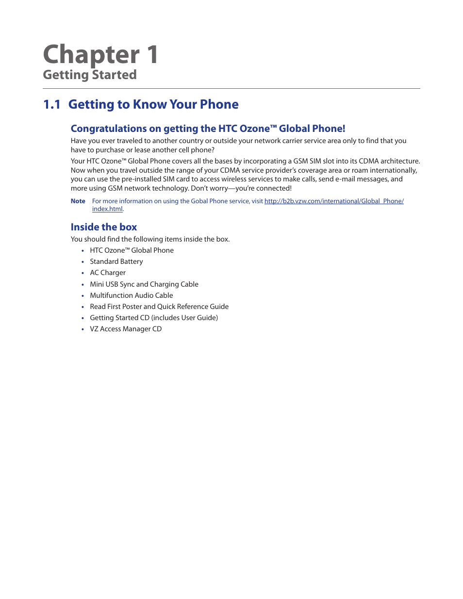 Chapter 1 getting started, 1 getting to know your phone, Inside the box | Chapter 1, Getting started 1.1 getting to know your phone | HTC Ozone CEDA100 User Manual | Page 17 / 102