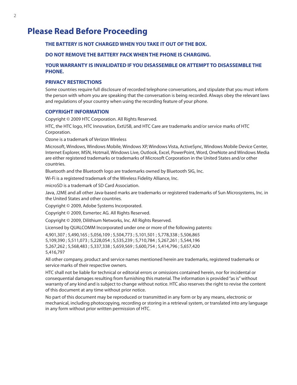 Please read before proceeding | HTC Ozone CEDA100 User Manual | Page 2 / 102