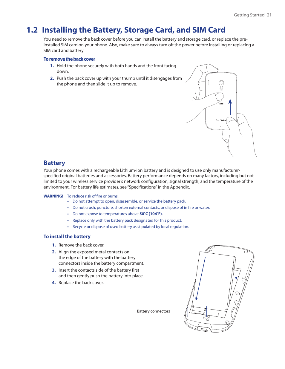 Battery | HTC Ozone CEDA100 User Manual | Page 21 / 102