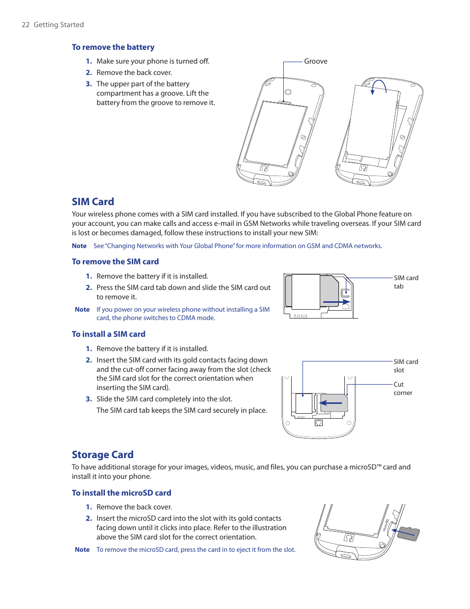 Sim card, Storage card | HTC Ozone CEDA100 User Manual | Page 22 / 102