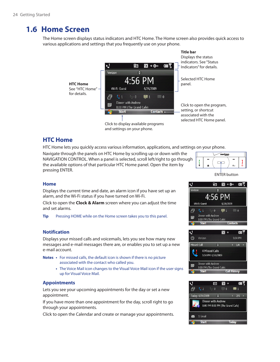 6 home screen, Htc home | HTC Ozone CEDA100 User Manual | Page 24 / 102