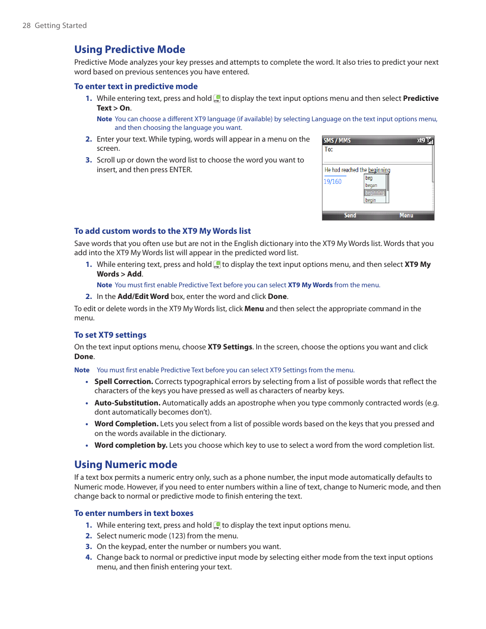 Using predictive mode, Using numeric mode | HTC Ozone CEDA100 User Manual | Page 28 / 102