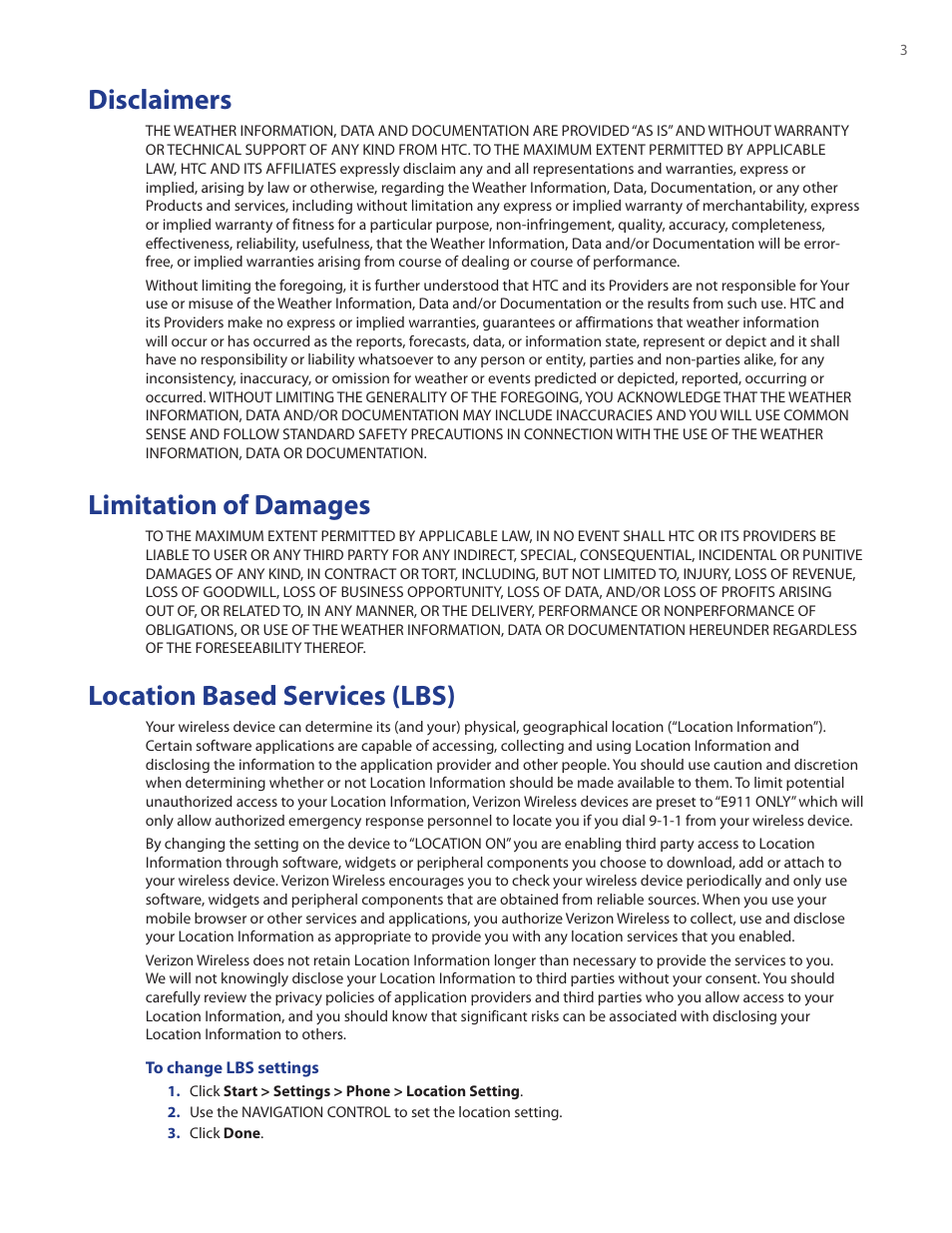 Disclaimers, Limitation of damages, Location based services (lbs) | HTC Ozone CEDA100 User Manual | Page 3 / 102