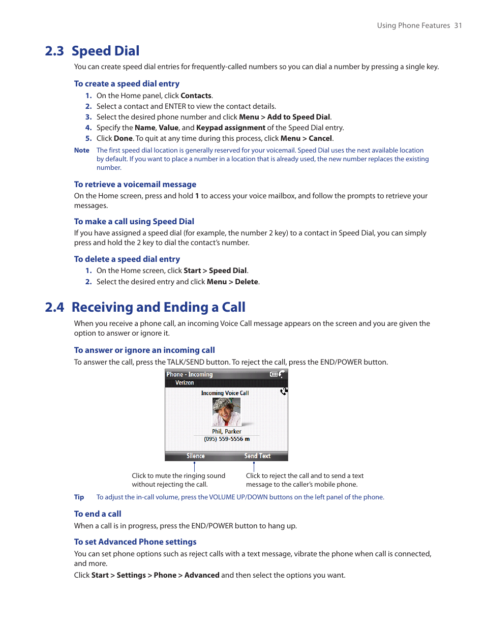 3 speed dial, 4 receiving and ending a call, 3 speed dial 2.4 receiving and ending a call | HTC Ozone CEDA100 User Manual | Page 31 / 102