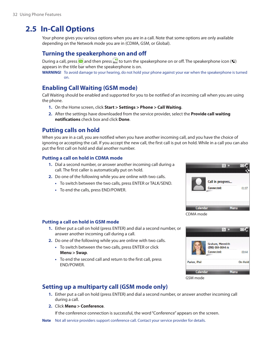 5 in-call options, Turning the speakerphone on and off, Enabling call waiting (gsm mode) | Putting calls on hold, Setting up a multiparty call (gsm mode only) | HTC Ozone CEDA100 User Manual | Page 32 / 102
