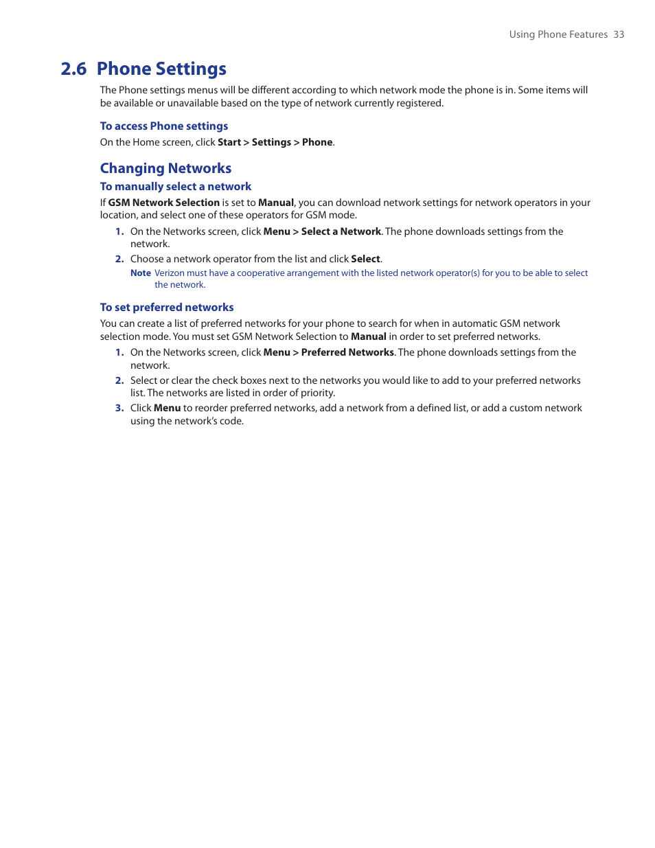 6 phone settings, Changing networks | HTC Ozone CEDA100 User Manual | Page 33 / 102