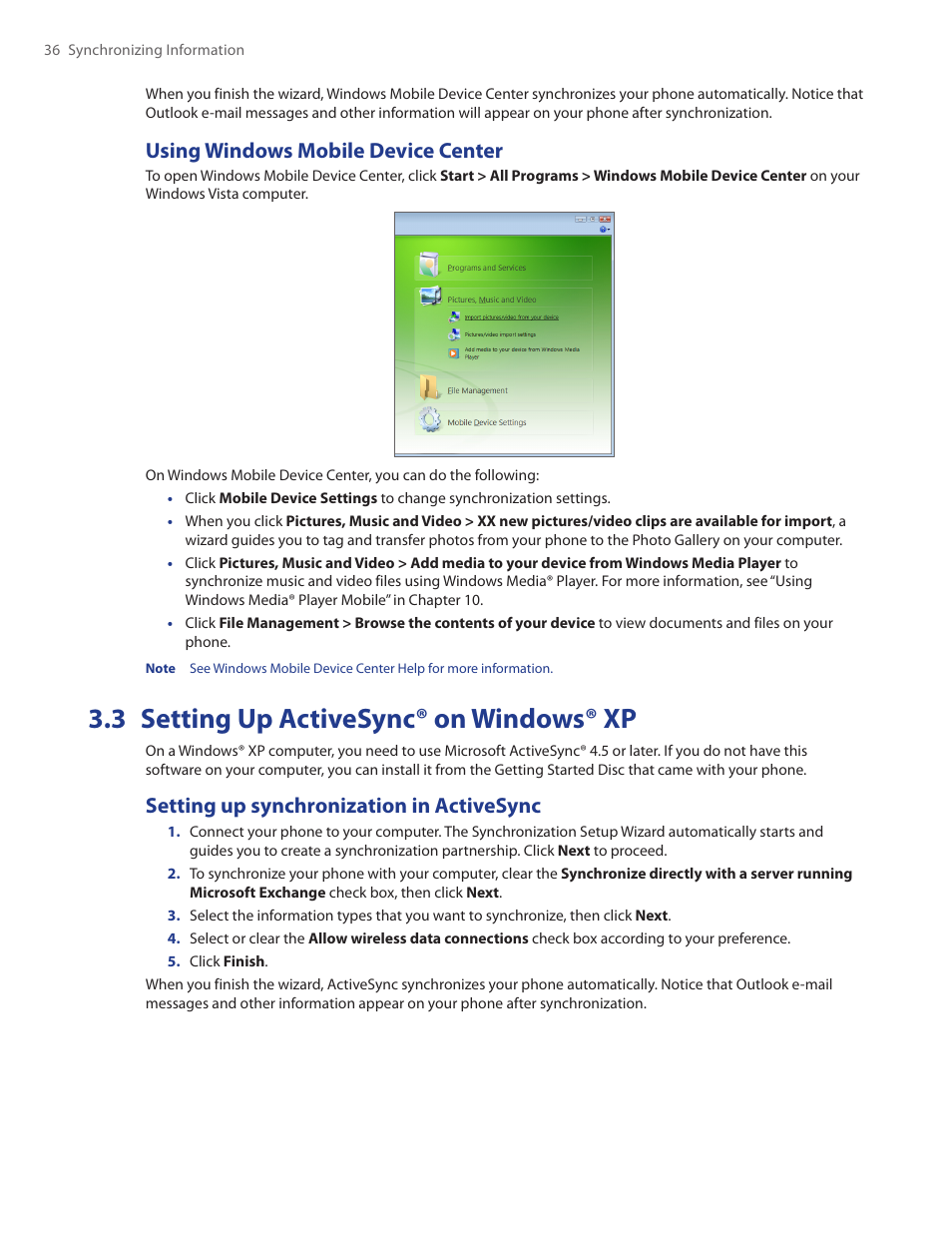 Using windows mobile device center, 3 setting up activesync® on windows® xp, Setting up synchronization in activesync | HTC Ozone CEDA100 User Manual | Page 36 / 102