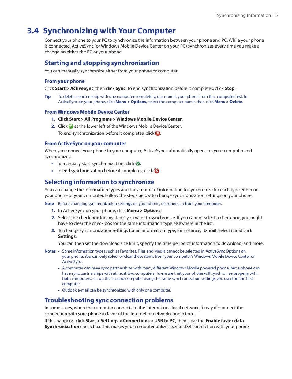 4 synchronizing with your computer, Starting and stopping synchronization, Selecting information to synchronize | Troubleshooting sync connection problems | HTC Ozone CEDA100 User Manual | Page 37 / 102