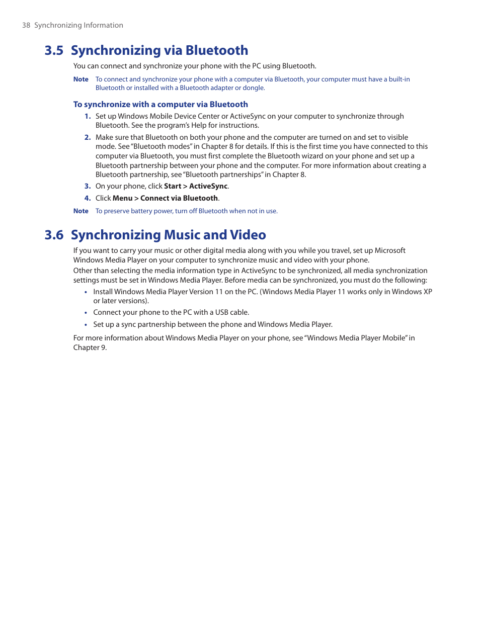 5 synchronizing via bluetooth, 6 synchronizing music and video | HTC Ozone CEDA100 User Manual | Page 38 / 102