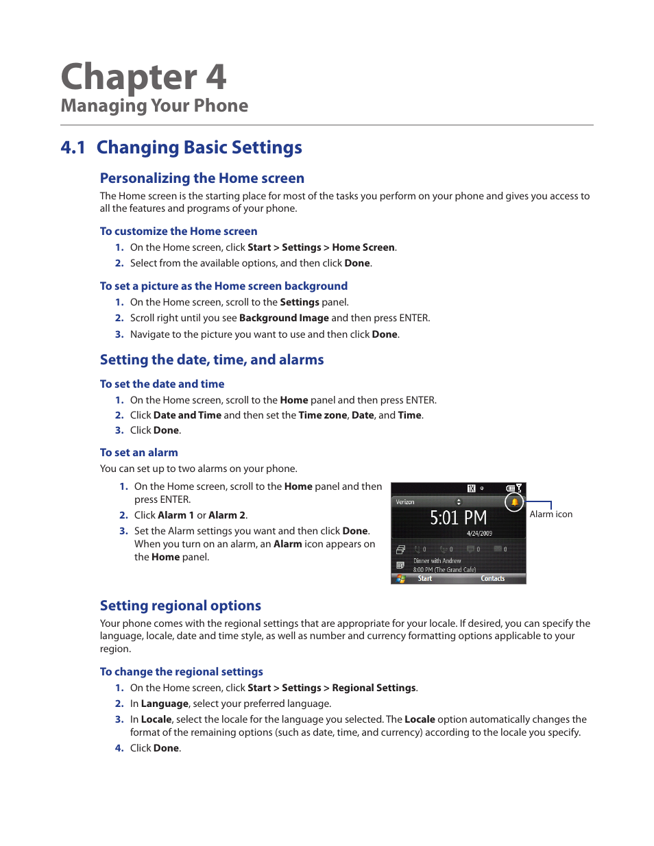 Chapter 4 managing your phone, 1 changing basic settings, Personalizing the home screen | Setting the date, time, and alarms, Setting regional options, Chapter 4, Managing your phone 4.1 changing basic settings | HTC Ozone CEDA100 User Manual | Page 39 / 102