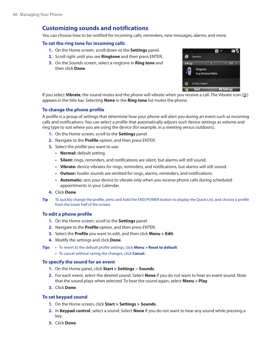 Customizing sounds and notifications | HTC Ozone CEDA100 User Manual | Page 40 / 102