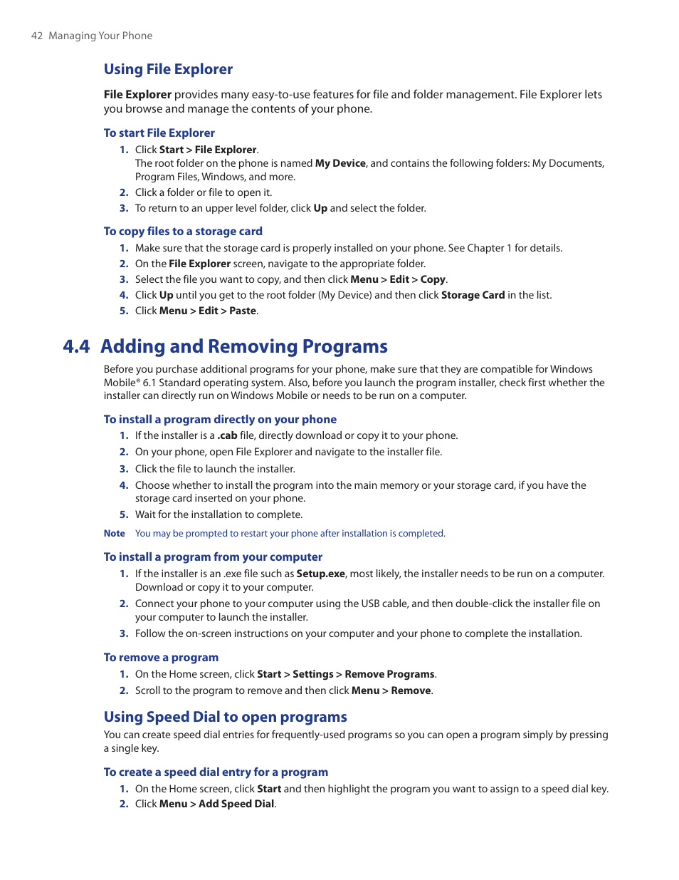 Using file explorer, 4 adding and removing programs, Using speed dial to open programs | HTC Ozone CEDA100 User Manual | Page 42 / 102