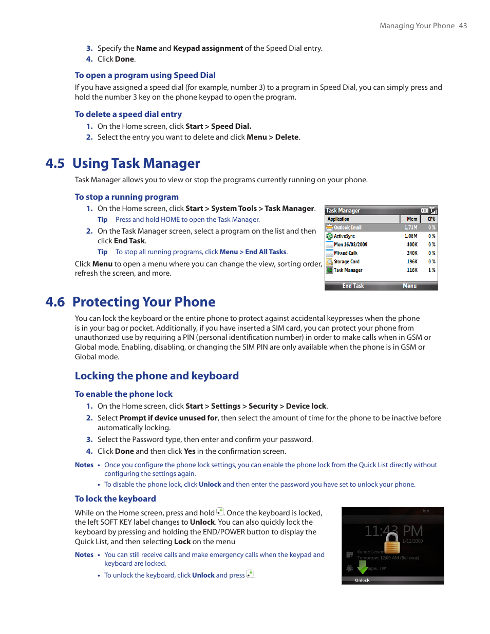 5 using task manager, 6 protecting your phone, Locking the phone and keyboard | HTC Ozone CEDA100 User Manual | Page 43 / 102