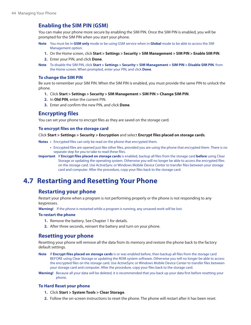 Enabling the sim pin (gsm), Encrypting files, 7 restarting and resetting your phone | Restarting your phone, Resetting your phone, Enabling the sim pin (gsm) encrypting files, Restarting your phone resetting your phone | HTC Ozone CEDA100 User Manual | Page 44 / 102