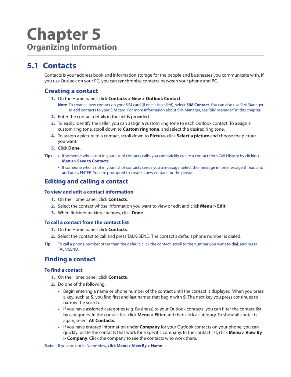Chapter 5 organizing information, 1 contacts, Creating a contact | Editing and calling a contact, Finding a contact, Chapter 5, Organizing information 5.1 contacts | HTC Ozone CEDA100 User Manual | Page 45 / 102