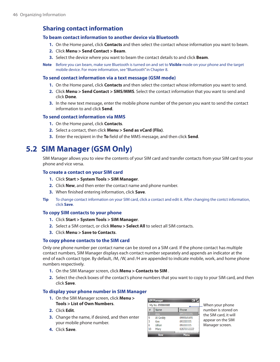 Sharing contact information, 2 sim manager (gsm only) | HTC Ozone CEDA100 User Manual | Page 46 / 102