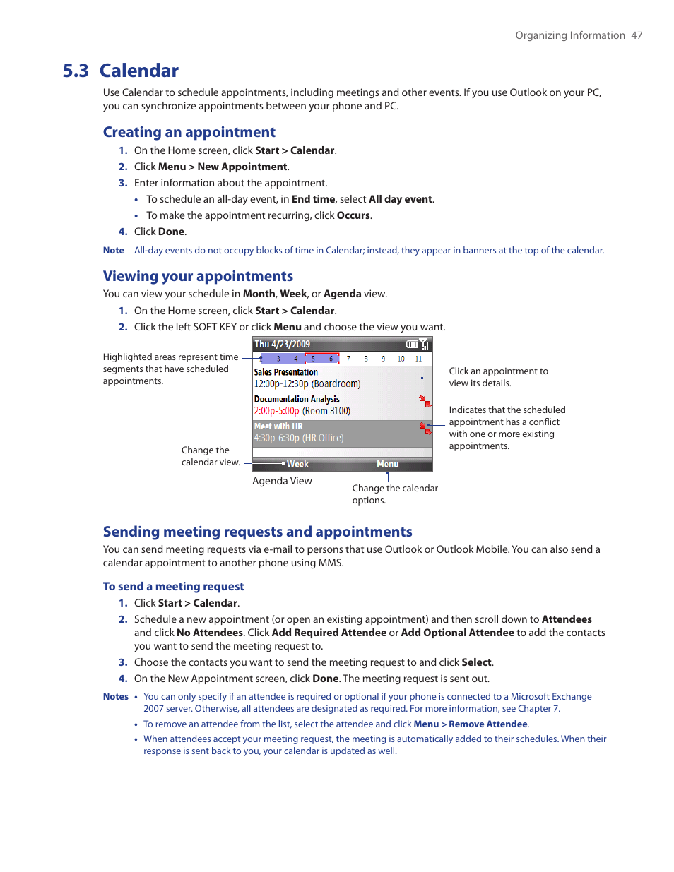 3 calendar, Creating an appointment, Viewing your appointments | Sending meeting requests and appointments | HTC Ozone CEDA100 User Manual | Page 47 / 102